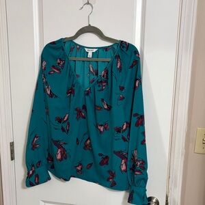 Nine West Teal and Pink Floral Blouse